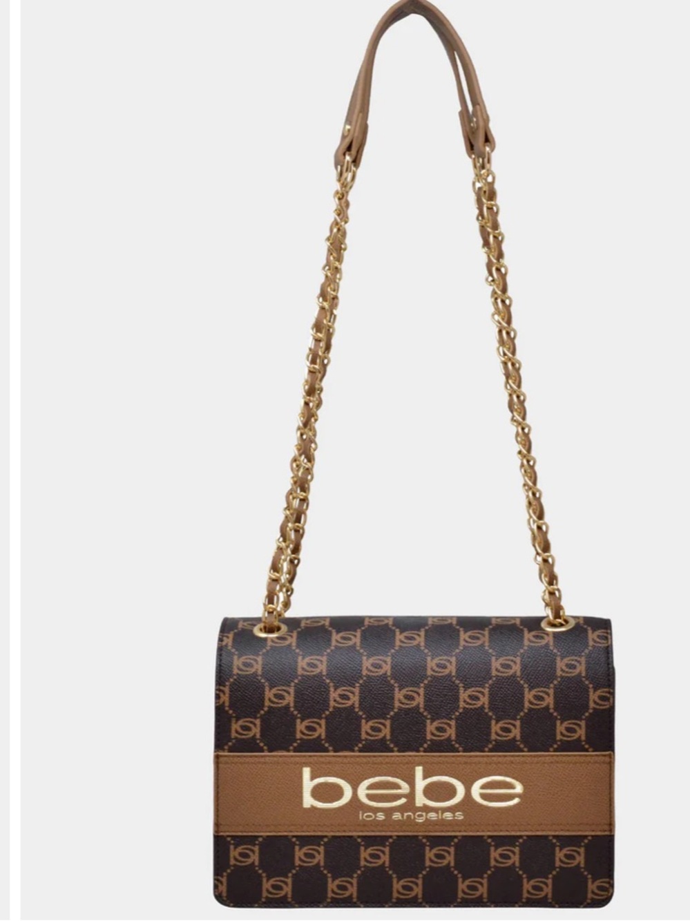 bebe Brown Monogram Shoulder Bag with Gold Chain Straps - Picture 4 of 6